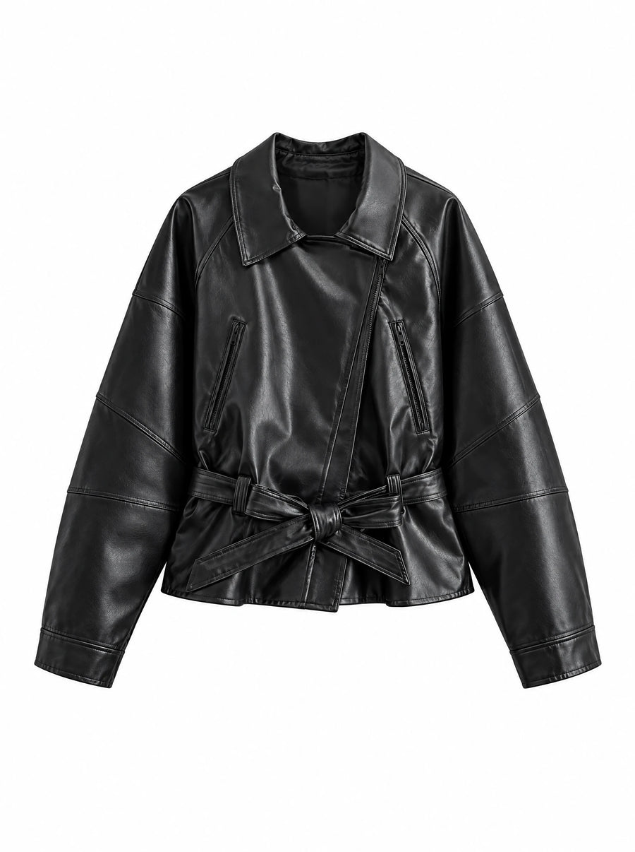 The Belted Faux-Leather Jacket — product photograph