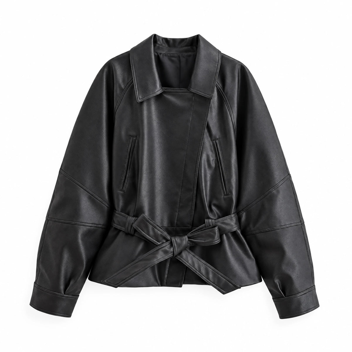 The Belted Faux-Leather Jacket — product photograph