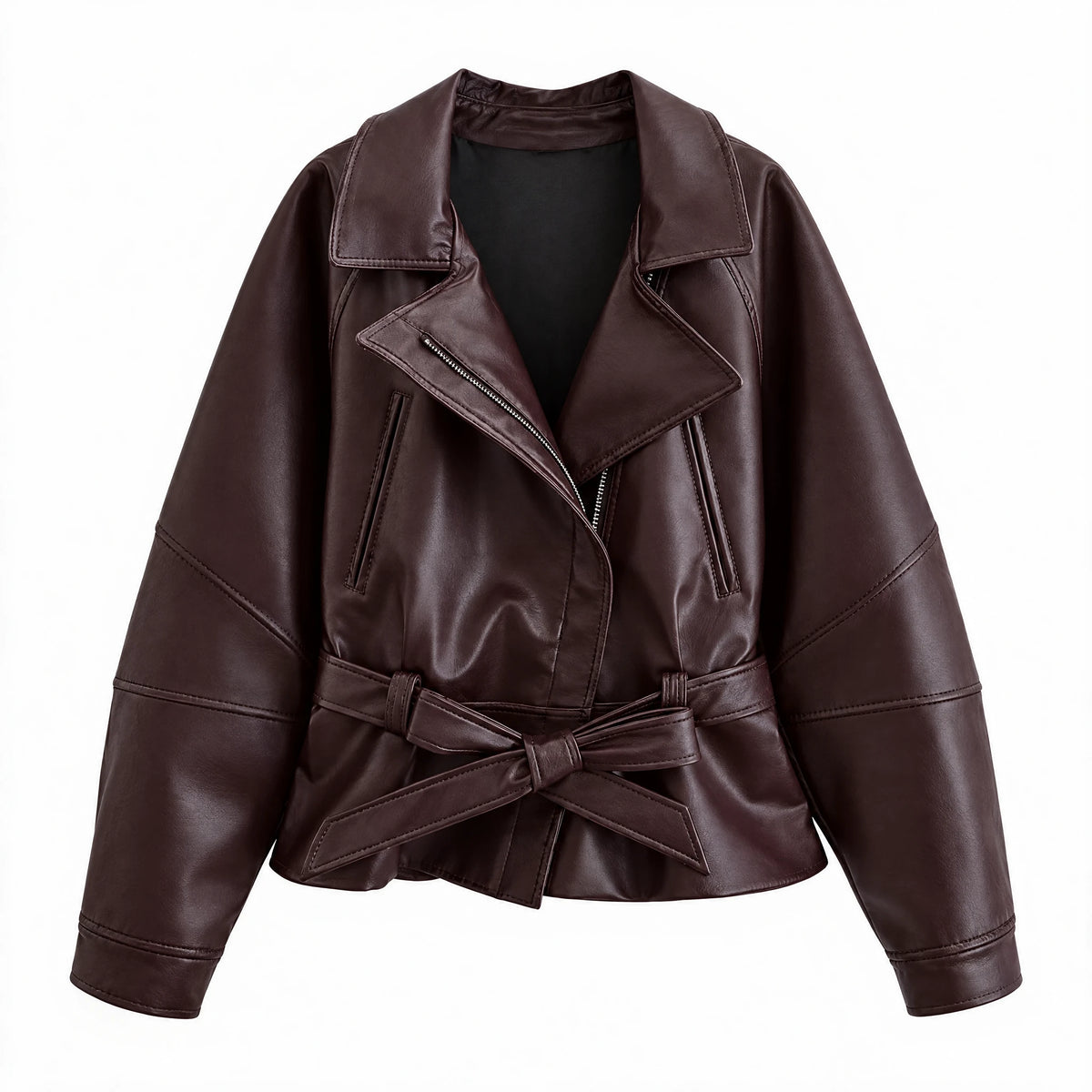 The Belted Faux-Leather Jacket — product photograph