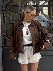 The Cropped Bomber — Dark brown, open-front model view