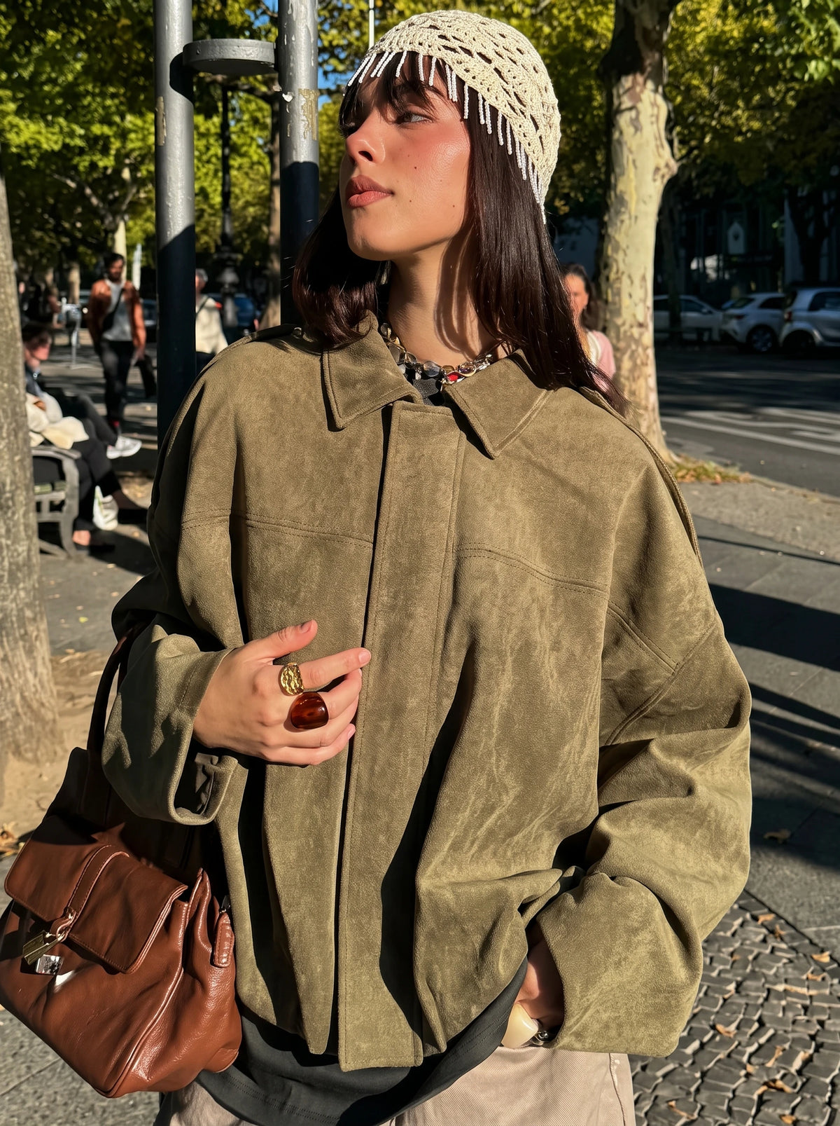The Cropped Bomber — Khaki, outdoor model view