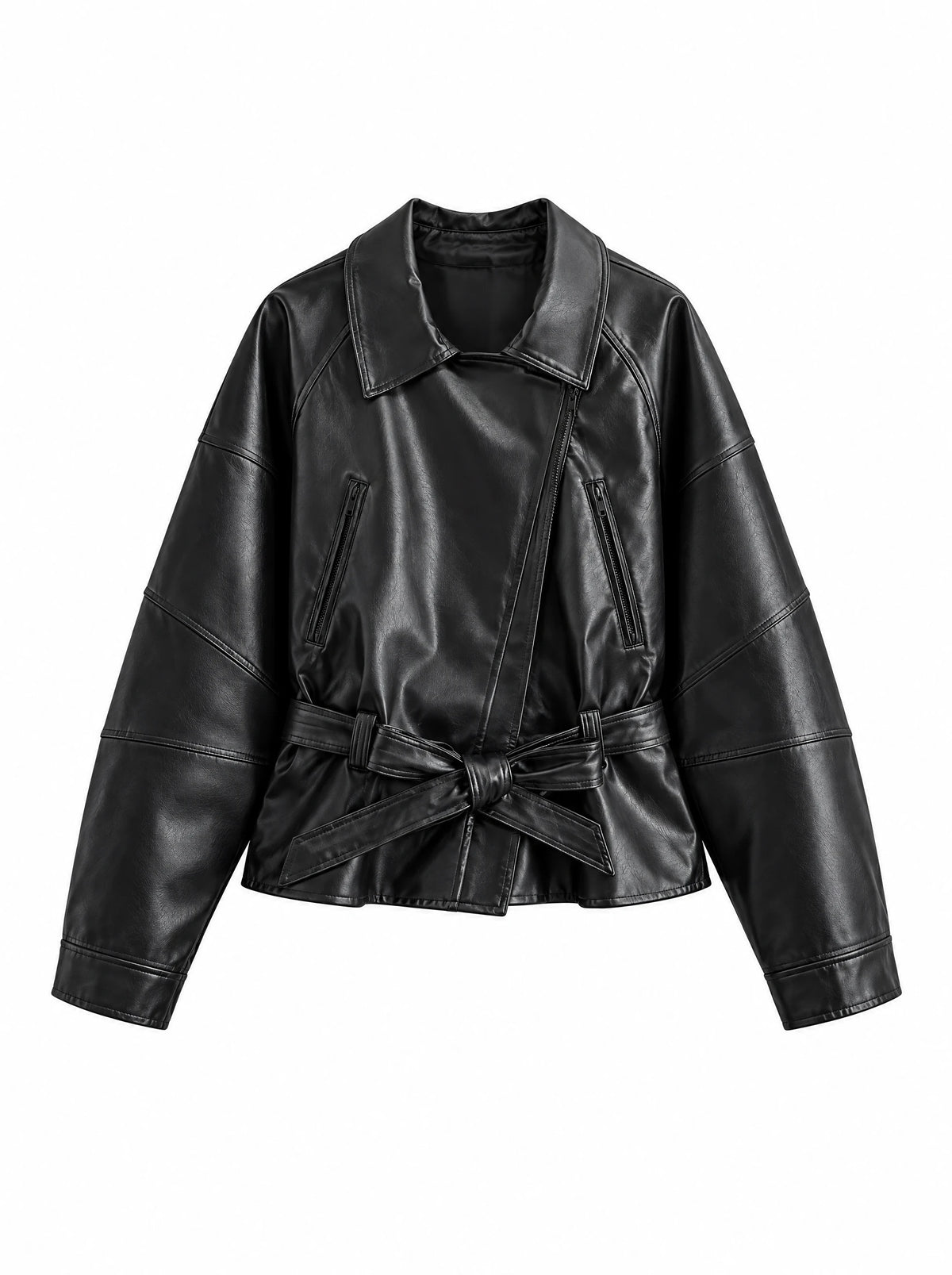The Belted Faux-Leather Jacket — product photograph
