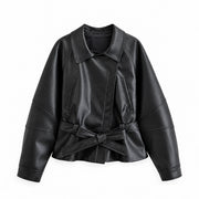 The Belted Faux-Leather Jacket — product photograph
