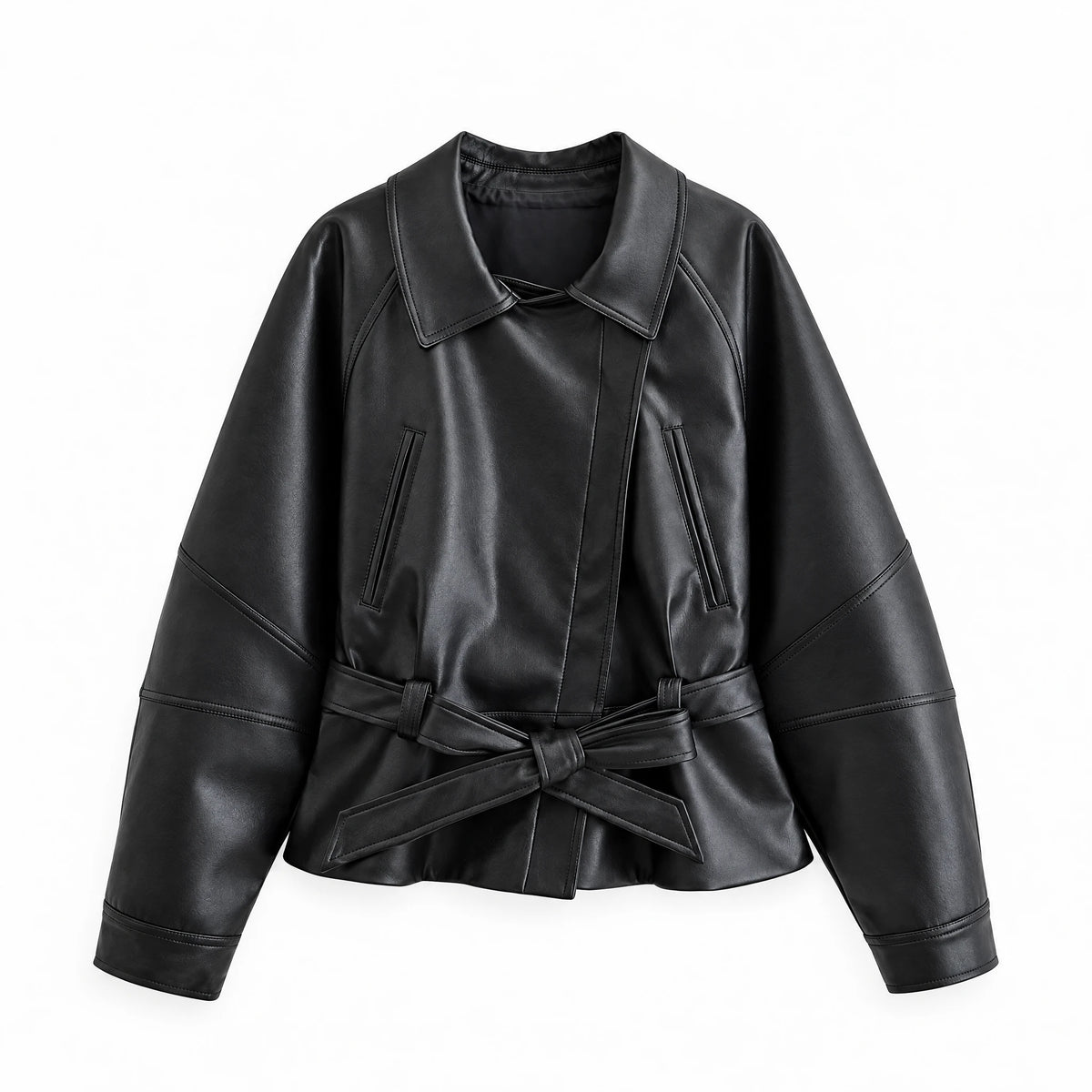 The Belted Faux-Leather Jacket — product photograph