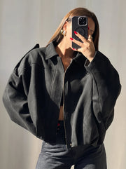 The Cropped Bomber — Black, mirror outfit view